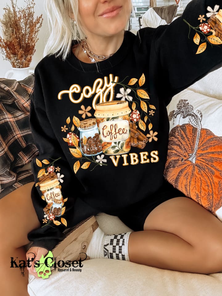 COZY COFFEE CREWNECK SWEATSHIRT W/ SLEEVE PRINT Sweatshirt