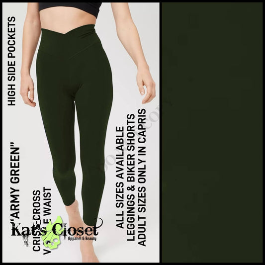 CR1V - Army Green Criss Cross V-Waist Biker/Capris/Leggings with High Side Pockets - Preorder ETA: Late Dec LEGGINGS & CAPRIS