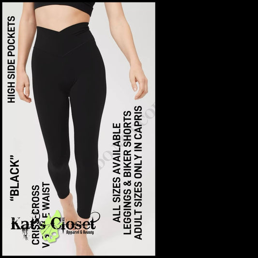 CR1V - Black Criss Cross V-Waist Biker/Capris/Leggings with High Side Pockets - Preorder ETA: Late Dec LEGGINGS & CAPRIS