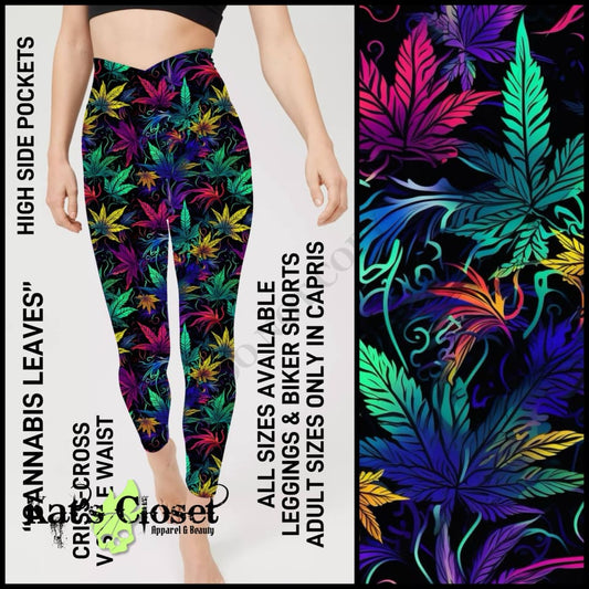 CR1V - Cannabis Leaves Criss Cross V-Waist Biker/Capris/Leggings with High Side Pockets - Preorder ETA: Late Dec LEGGINGS & CAPRIS