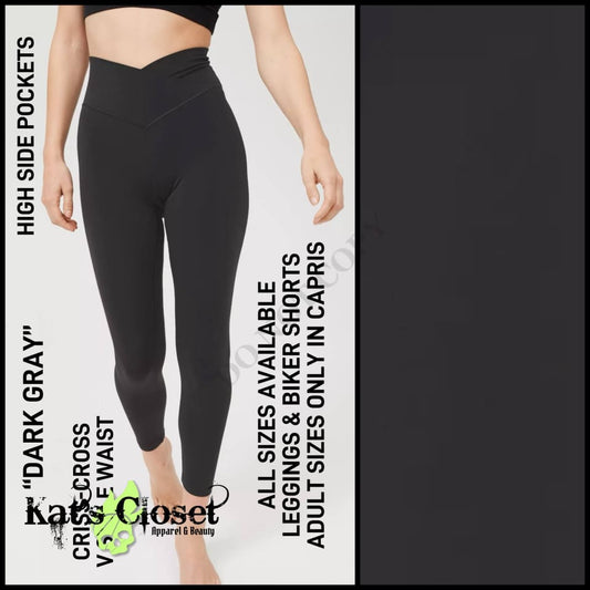 CR1V - Dark Gray Criss Cross V-Waist Biker/Capris/Leggings with High Side Pockets - Preorder ETA: Late Dec LEGGINGS & CAPRIS