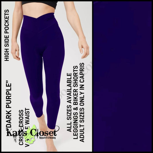 CR1V - Dark Purple Criss Cross V-Waist Biker/Capris/Leggings with High Side Pockets - Preorder ETA: Late Dec LEGGINGS & CAPRIS