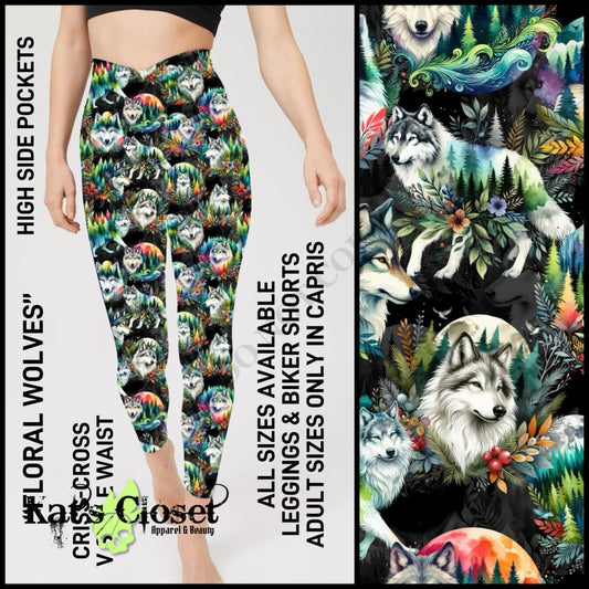 Floral Wolves Criss Cross V-Waist Biker/Capris/Leggings with High Side Pockets - Preorder ETA: Late Dec LEGGINGS & CAPRIS