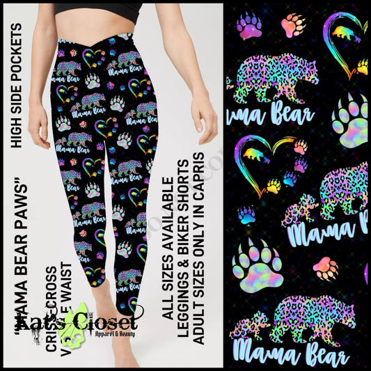 CR1V - Mama Bear Paws Criss Cross V-Waist Biker/Capris/Leggings with High Side Pockets - Preorder ETA: Late Dec LEGGINGS & CAPRIS