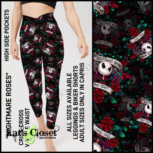 Nightmare Roses Criss Cross V-Waist Biker/Capris/Leggings with High Side Pockets - Preorder ETA: Late Dec LEGGINGS & CAPRIS