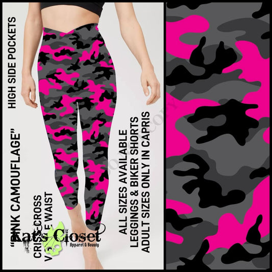 Pink Camouflage Criss Cross V-Waist Biker/Capris/Leggings with High Side Pockets - Preorder ETA: Late Dec LEGGINGS & CAPRIS