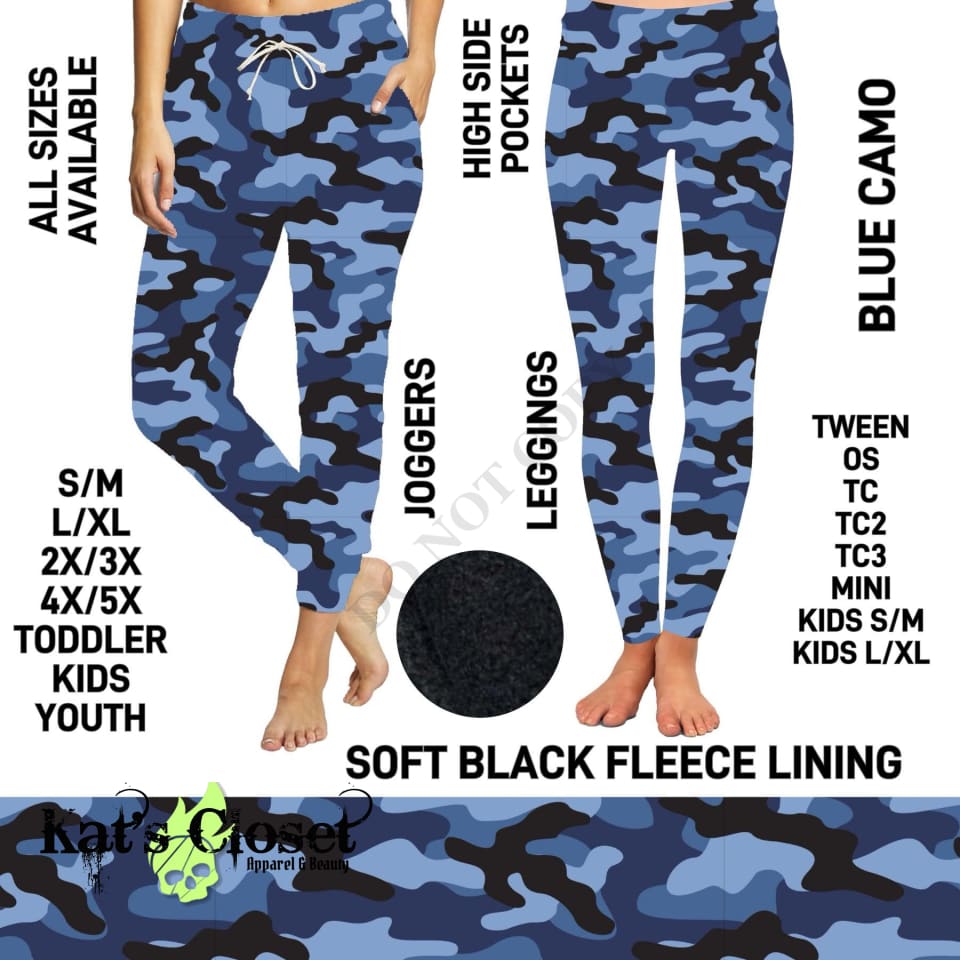 Blue Camo Fleece-Lined Leggings with High Side Pockets - Preorder ETA: Early Jan