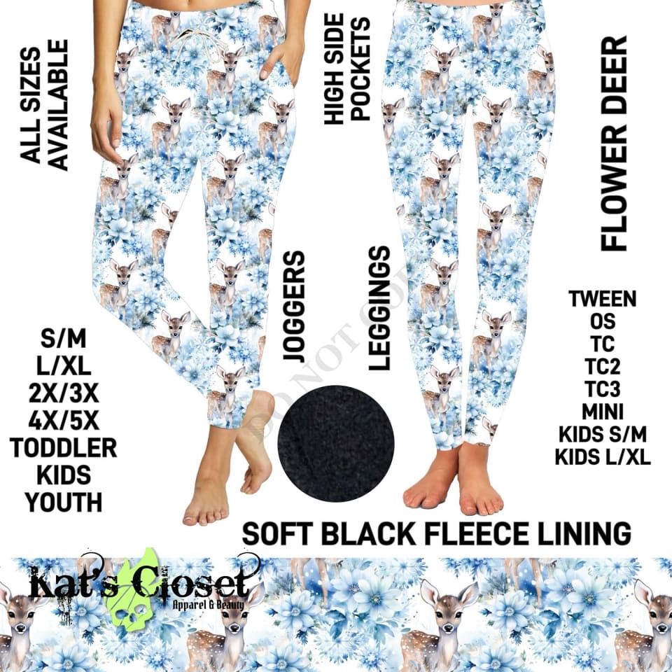 Flower Deer Fleece-Lined Leggings with High Side Pockets - Preorder ETA: Early Jan