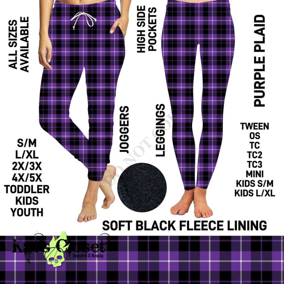 Purple Plaid Fleece-Lined Leggings with High Side Pockets - Preorder ETA: Early Jan