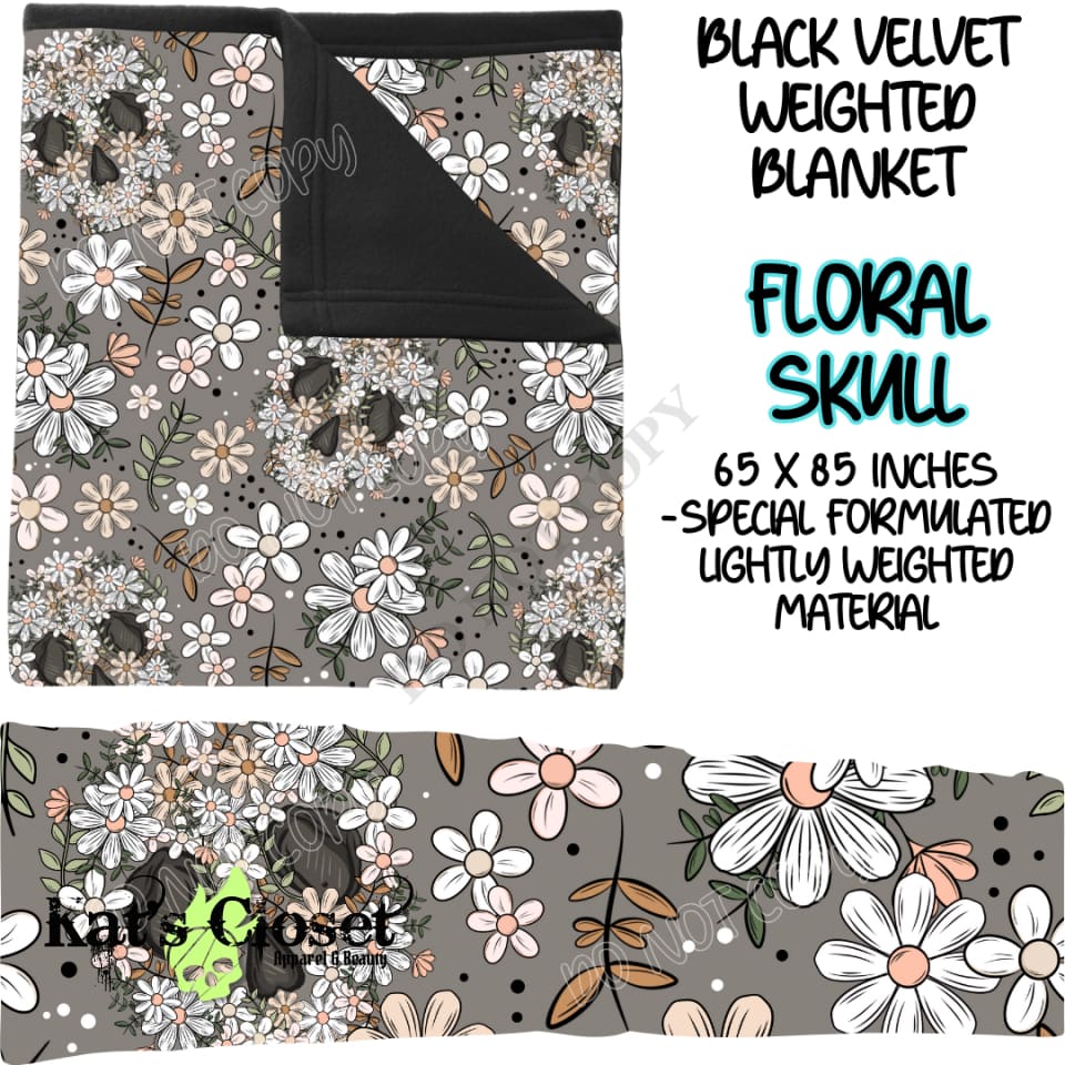 FLORAL SKULLS - BLACK VELVET WEIGHTED BLANKET ROUND 4 PREORDER CLOSING 10/16 Blankets