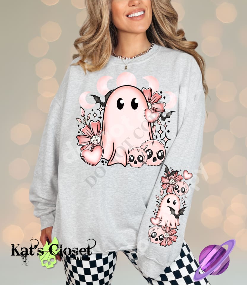 PINK GHOST CREWNECK SWEATSHIRT W/ SLEEVE PRINT Sweatshirt