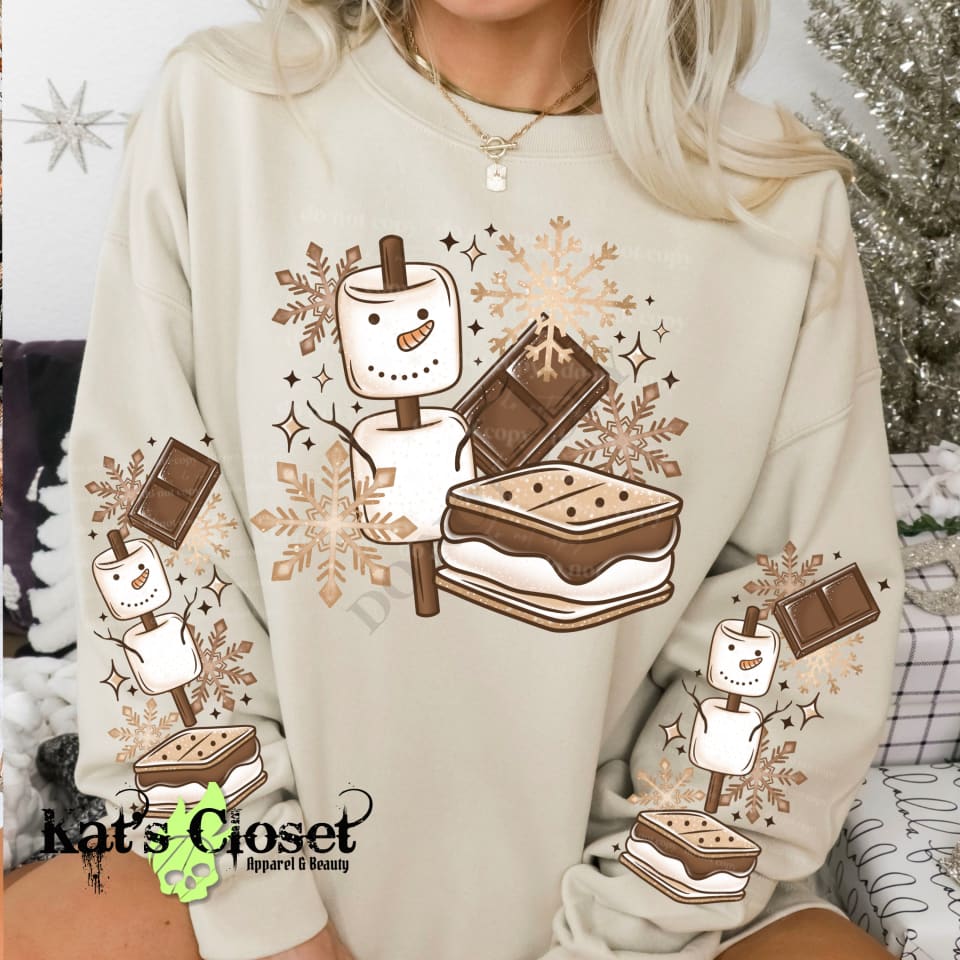 SNOWMAN SMORES CREWNECK SWEATSHIRT W/ SLEEVE PRINT Sweatshirt