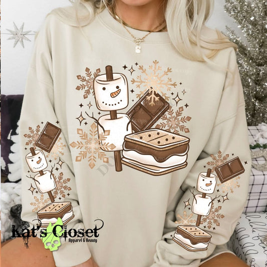 SNOWMAN SMORES CREWNECK SWEATSHIRT W/ SLEEVE PRINT Sweatshirt